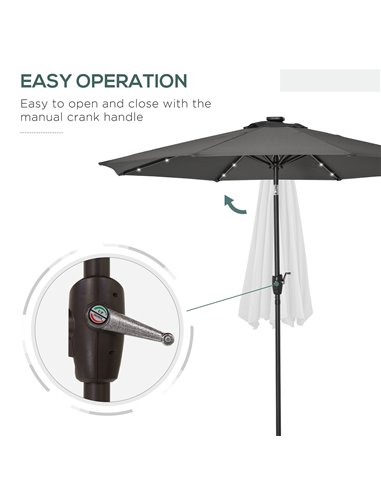 Outsunny Garden 24 LED Light Parasol Outdoor Tilt Sun Umbrella Patio Club Party Event Manual Sun Shade w/ Hand Crank Grey 840-12