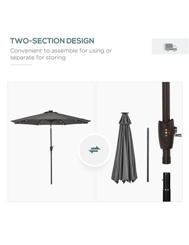 Outsunny Garden 24 LED Light Parasol Outdoor Tilt Sun Umbrella Patio Club Party Event Manual Sun Shade w/ Hand Crank Grey 840-12