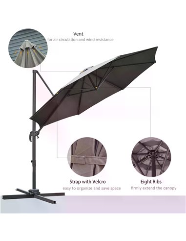 Outsunny 3(m) Patio Offset Parasol Roma Umbrella Cantilever Hanging Sun Shade Canopy Shelter 360° Rotation with Cross Base - Dar