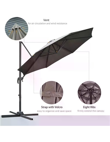 Outsunny 3(m) Patio Offset Parasol Roma Umbrella Cantilever Hanging Sun Shade Canopy Shelter 360° Rotation with Cross Base - Dar - pic 49656 | FastDaddyshop
