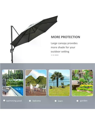 Outsunny 3(m) Patio Offset Parasol Roma Umbrella Cantilever Hanging Sun Shade Canopy Shelter 360° Rotation with Cross Base - Dar
