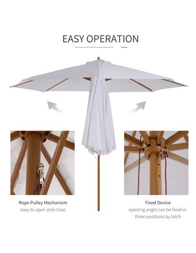 Outsunny 3(m) Fir Wooden Parasol Garden Umbrellas 8 Ribs Bamboo Sun Shade Patio Outdoor Umbrella Canopy, Cream White 01-0244