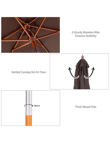Outsunny 2m x 1.5m Patio Parasol Garden Umbrellas Sun Umbrella Bamboo Sunshade Canopy Outdoor Backyard Furniture Fir Wooden Pole - pic 49682 | FastDaddyshop