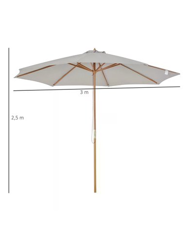 Outsunny 3m Fir Wooden Garden Parasol Bamboo Sun Shade Patio Outdoor Umbrella Canopy, Grey 840-065GY