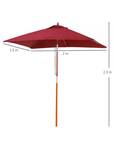 Outsunny 2 x 1.5m Patio Garden Parasol Sun Umbrella Sunshade Canopy Outdoor Backyard Furniture Fir Wooden Pole 6 Ribs Tilt Mecha