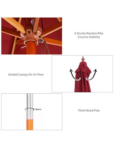 Outsunny 2 x 1.5m Patio Garden Parasol Sun Umbrella Sunshade Canopy Outdoor Backyard Furniture Fir Wooden Pole 6 Ribs Tilt Mecha