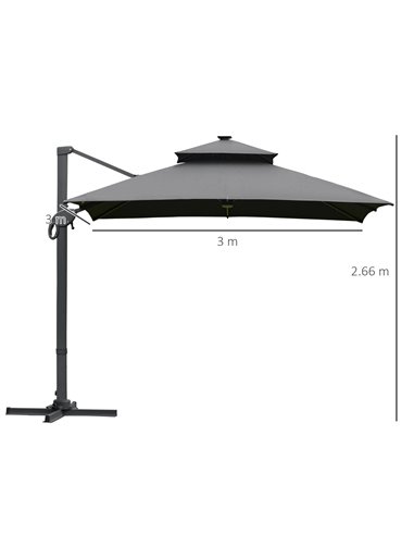 Outsunny 3 x 3(m) Cantilever Roma Parasol Garden Sun Umbrella Outdoor Patio with LED Solar Light Cross Base 360° Rotating for Ba
