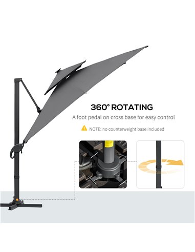 Outsunny 3 x 3(m) Cantilever Roma Parasol Garden Sun Umbrella Outdoor Patio with LED Solar Light Cross Base 360° Rotating for Ba