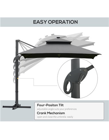 Outsunny 3 x 3(m) Cantilever Roma Parasol Garden Sun Umbrella Outdoor Patio with LED Solar Light Cross Base 360° Rotating for Ba
