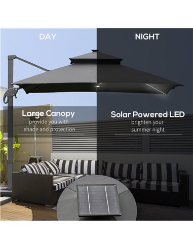 Outsunny 3 x 3(m) Cantilever Roma Parasol Garden Sun Umbrella Outdoor Patio with LED Solar Light Cross Base 360° Rotating for Ba
