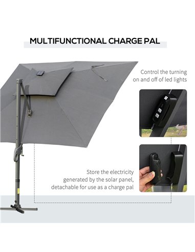 Outsunny 3 x 3(m) Cantilever Roma Parasol Garden Sun Umbrella Outdoor Patio with LED Solar Light Cross Base 360° Rotating for Ba
