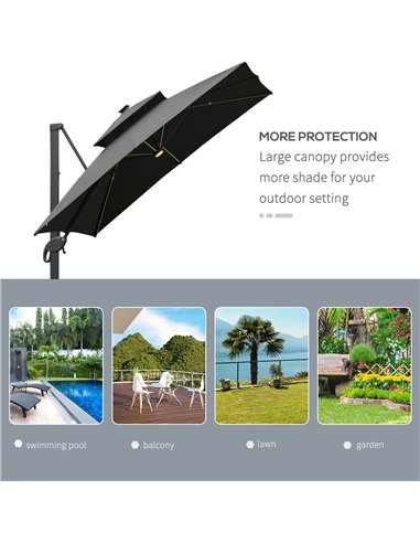 Outsunny 3 x 3(m) Cantilever Roma Parasol Garden Sun Umbrella Outdoor Patio with LED Solar Light Cross Base 360° Rotating for Ba