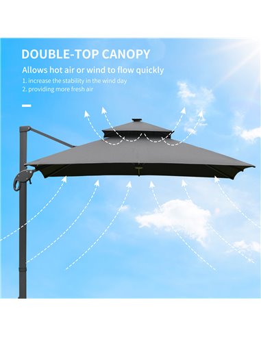Outsunny 3 x 3(m) Cantilever Roma Parasol Garden Sun Umbrella Outdoor Patio with LED Solar Light Cross Base 360° Rotating for Ba
