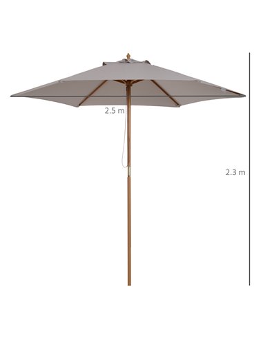 Outsunny 2.5m Wood Garden Parasol Sun Shade Patio Outdoor Wooden Umbrella Canopy Grey 84D-056GY