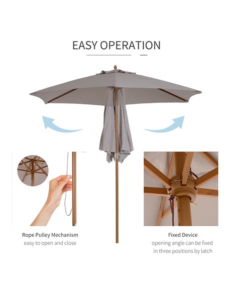Outsunny 2.5m Wood Garden Parasol Sun Shade Patio Outdoor Wooden Umbrella Canopy Grey 84D-056GY - pic 49790 | FastDaddyshop