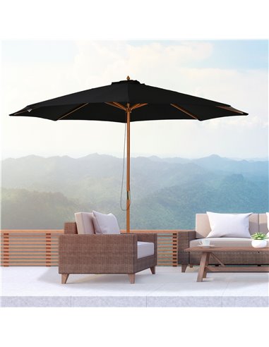 Outsunny ⌀3m Bamboo Wooden Market Patio Umbrella Garden Parasol Outdoor Sunshade Canopy, 8-ribs,Black 840-065BK