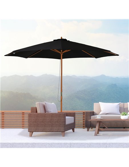 Outsunny ⌀3m Bamboo Wooden Market Patio Umbrella Garden Parasol Outdoor Sunshade Canopy, 8-ribs,Black 840-065BK - pic 49796 | FastDaddyshop