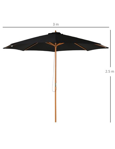 Outsunny ⌀3m Bamboo Wooden Market Patio Umbrella Garden Parasol Outdoor Sunshade Canopy, 8-ribs,Black 840-065BK