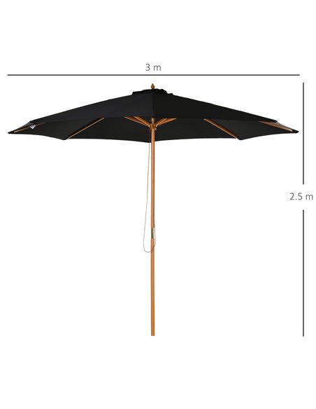 Outsunny ⌀3m Bamboo Wooden Market Patio Umbrella Garden Parasol Outdoor Sunshade Canopy, 8-ribs,Black 840-065BK - pic 49797 | FastDaddyshop
