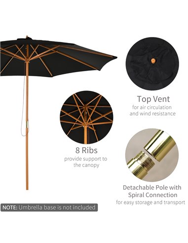 Outsunny ⌀3m Bamboo Wooden Market Patio Umbrella Garden Parasol Outdoor Sunshade Canopy, 8-ribs,Black 840-065BK