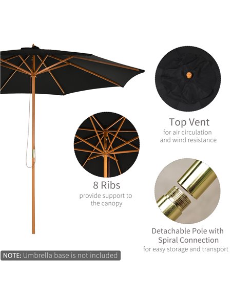 Outsunny ⌀3m Bamboo Wooden Market Patio Umbrella Garden Parasol Outdoor Sunshade Canopy, 8-ribs,Black 840-065BK - pic 49798 | FastDaddyshop