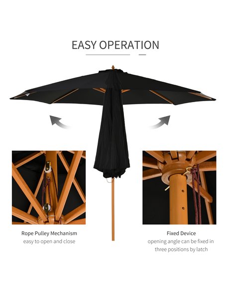 Outsunny ⌀3m Bamboo Wooden Market Patio Umbrella Garden Parasol Outdoor Sunshade Canopy, 8-ribs,Black 840-065BK - pic 49799 | FastDaddyshop