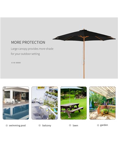 Outsunny ⌀3m Bamboo Wooden Market Patio Umbrella Garden Parasol Outdoor Sunshade Canopy, 8-ribs,Black 840-065BK