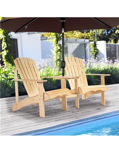 Outsunny Wooden Outdoor Double Adirondack Chairs Loveseat w/ Center Table and Umbrella Hole, Garden Patio Furniture for Lounging