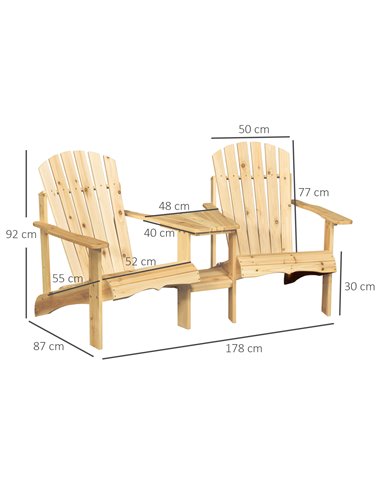 Outsunny Wooden Outdoor Double Adirondack Chairs Loveseat w/ Center Table and Umbrella Hole, Garden Patio Furniture for Lounging