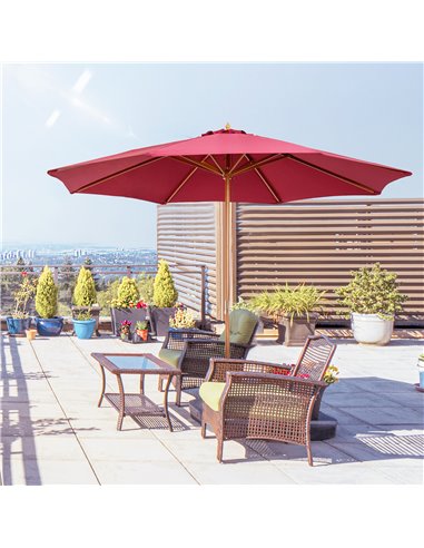 Outsunny ⌀3m Bamboo Wooden Market Patio Umbrella Garden Parasol Outdoor Sunshade Canopy, 8-ribs,Wine Red 01-0576