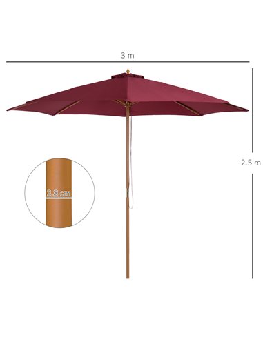 Outsunny ⌀3m Bamboo Wooden Market Patio Umbrella Garden Parasol Outdoor Sunshade Canopy, 8-ribs,Wine Red 01-0576