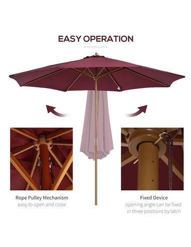 Outsunny ⌀3m Bamboo Wooden Market Patio Umbrella Garden Parasol Outdoor Sunshade Canopy, 8-ribs,Wine Red 01-0576