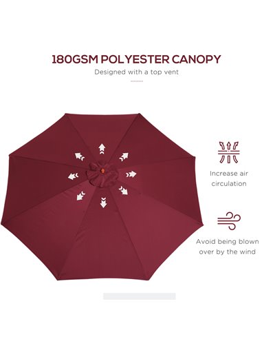 Outsunny ⌀3m Bamboo Wooden Market Patio Umbrella Garden Parasol Outdoor Sunshade Canopy, 8-ribs,Wine Red 01-0576