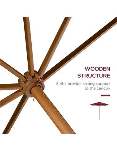 Outsunny ⌀3m Bamboo Wooden Market Patio Umbrella Garden Parasol Outdoor Sunshade Canopy, 8-ribs,Wine Red 01-0576