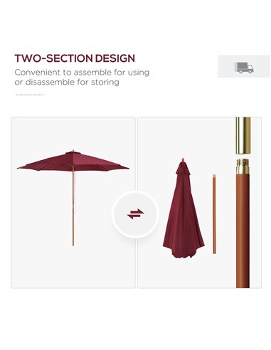 Outsunny ⌀3m Bamboo Wooden Market Patio Umbrella Garden Parasol Outdoor Sunshade Canopy, 8-ribs,Wine Red 01-0576