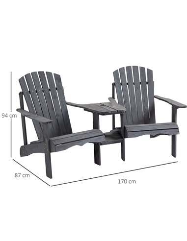 Outsunny Wooden Outdoor Double Adirondack Chairs Loveseat w/ Center Table and Umbrella Hole, Garden Patio Furniture for Lounging