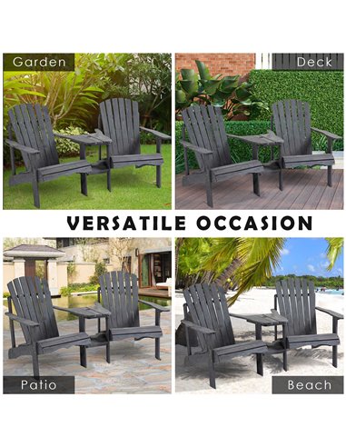 Outsunny Wooden Outdoor Double Adirondack Chairs Loveseat w/ Center Table and Umbrella Hole, Garden Patio Furniture for Lounging