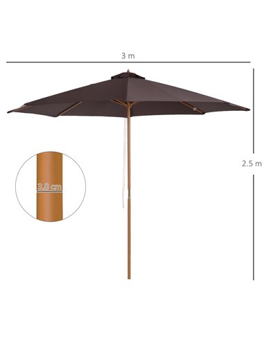 Outsunny ⌀3m Bamboo Wooden Market Patio Umbrella Garden Parasol Outdoor Sunshade Canopy, 8-ribs,Coffee 01-0577