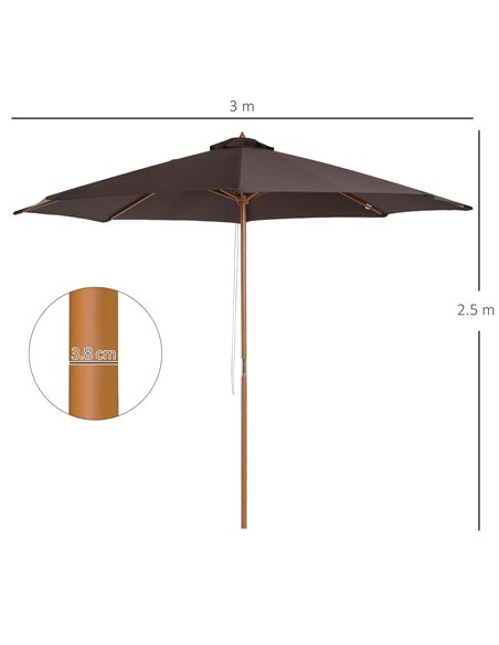 Outsunny ⌀3m Bamboo Wooden Market Patio Umbrella Garden Parasol Outdoor Sunshade Canopy, 8-ribs,Coffee 01-0577 - pic 49833 | FastDaddyshop
