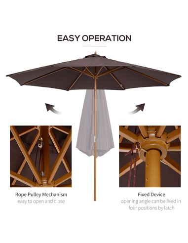 Outsunny ⌀3m Bamboo Wooden Market Patio Umbrella Garden Parasol Outdoor Sunshade Canopy, 8-ribs,Coffee 01-0577