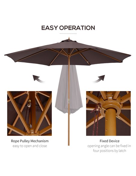 Outsunny ⌀3m Bamboo Wooden Market Patio Umbrella Garden Parasol Outdoor Sunshade Canopy, 8-ribs,Coffee 01-0577 - pic 49834 | FastDaddyshop