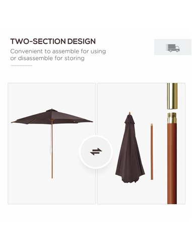 Outsunny ⌀3m Bamboo Wooden Market Patio Umbrella Garden Parasol Outdoor Sunshade Canopy, 8-ribs,Coffee 01-0577