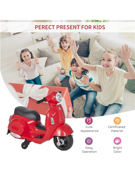 HOMCOM Vespa Licensed Kids Ride On Motorcycle 6V Battery Powered Electric Trike Toys for 18-36 Months with Horn Headlight Red - pic 4989 | FastDaddyshop