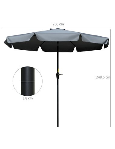 Outsunny 2.66m Patio Umbrella Garden Parasol Outdoor Sun Shade Table Umbrella with Ruffles, 8 Sturdy Ribs, Charcoal Grey 84D-157