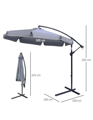 Outsunny 2.7m Banana Parasol Cantilever Umbrella with Crank Handle and Cross Base for Outdoor, Hanging Sun Shade, Dark Grey  84D