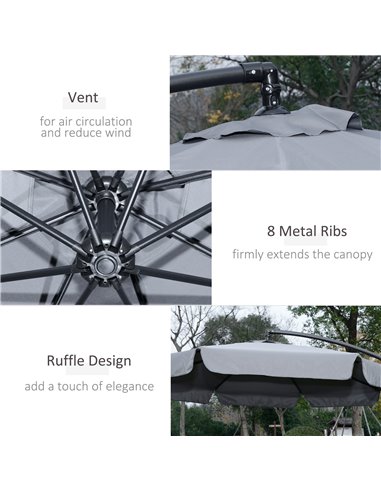 Outsunny 2.7m Banana Parasol Cantilever Umbrella with Crank Handle and Cross Base for Outdoor, Hanging Sun Shade, Dark Grey  84D