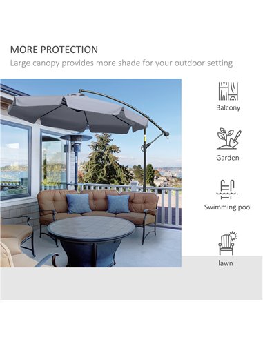 Outsunny 2.7m Banana Parasol Cantilever Umbrella with Crank Handle and Cross Base for Outdoor, Hanging Sun Shade, Dark Grey  84D