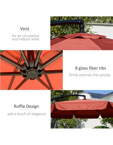 Outsunny 2.7m Garden Banana Parasol Cantilever Umbrella with Crank Handle and Cross Base for Outdoor, Hanging Sun Shade, Wine Re