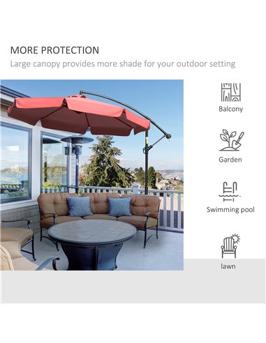 Outsunny 2.7m Garden Banana Parasol Cantilever Umbrella with Crank Handle and Cross Base for Outdoor, Hanging Sun Shade, Wine Re