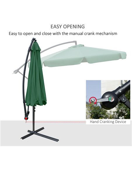 Outsunny 2.7m Garden Parasol Cantilever Umbrella with Crank Handle and Cross Base for Outdoor, Hanging Sun Shade, Green  84D-161 - pic 49951 | FastDaddyshop
